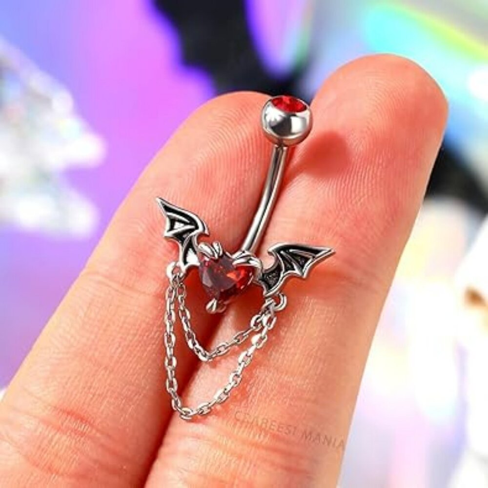 Bat with Red Heart Belly Button Ring 14G Dangle Chains Goth‎ Punk Rock